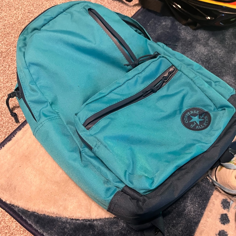 Teal Converse Backpack with laptop compartment and water bottle pouch